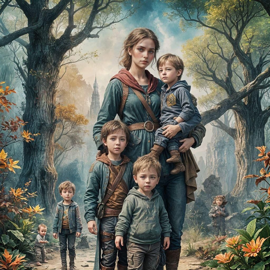 Watercolor Painting: Mother and Children in Fantasy Style