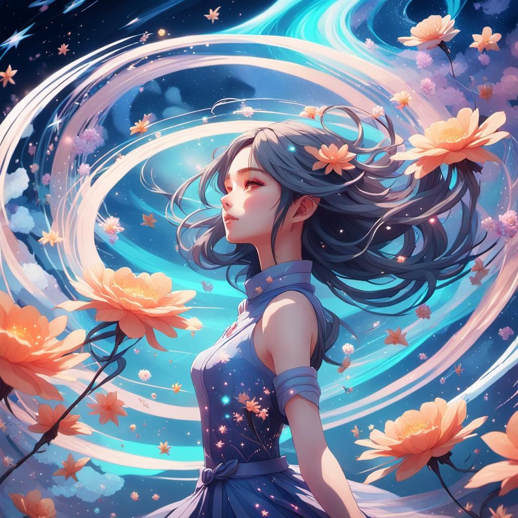 Woman Dancing in Starry Vortex: Surreal Anime Art
