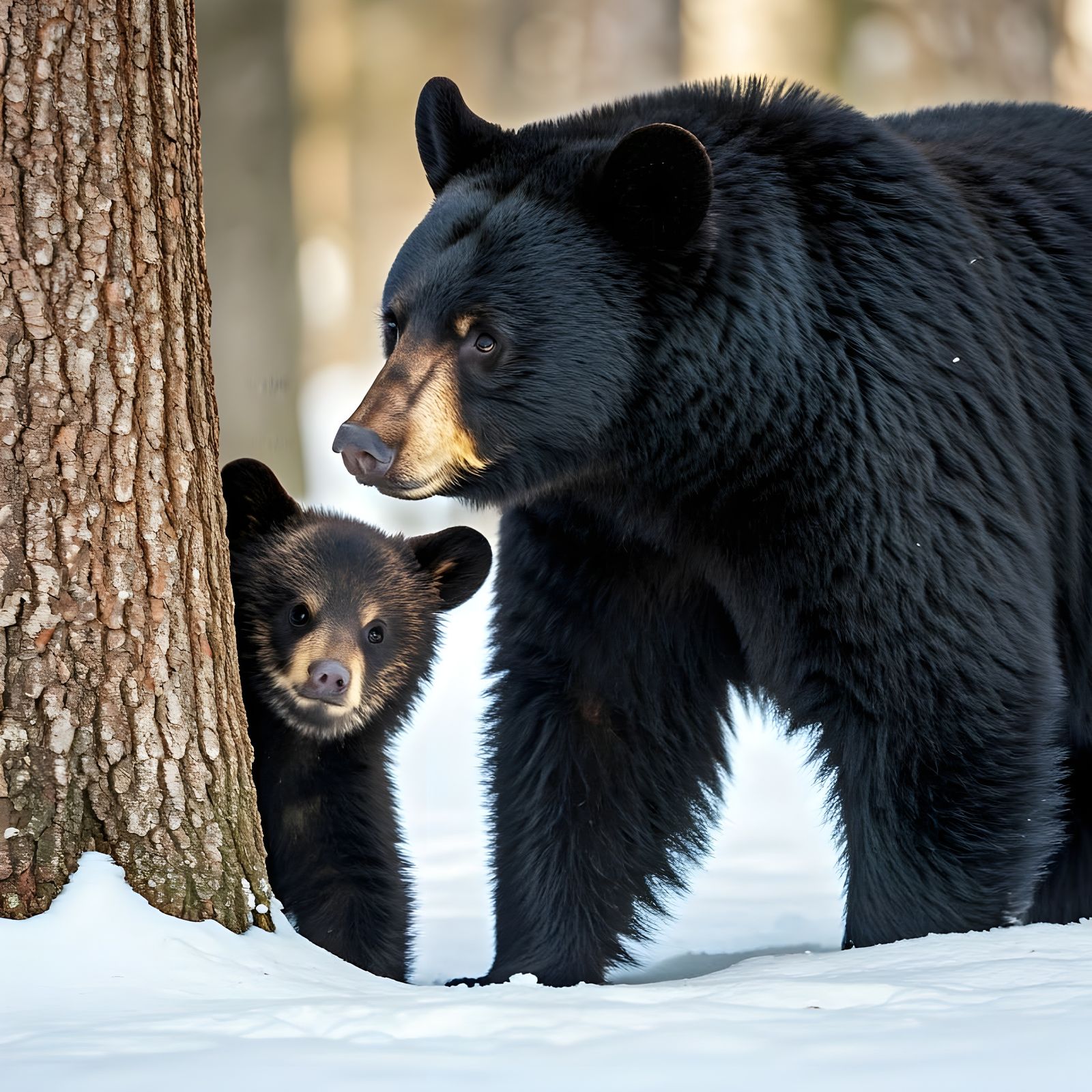 Cinematic Bear Family Moment in Snowy Woods