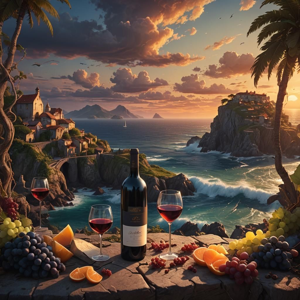 Coastal Sunset Wine: A Digital Matte Painting