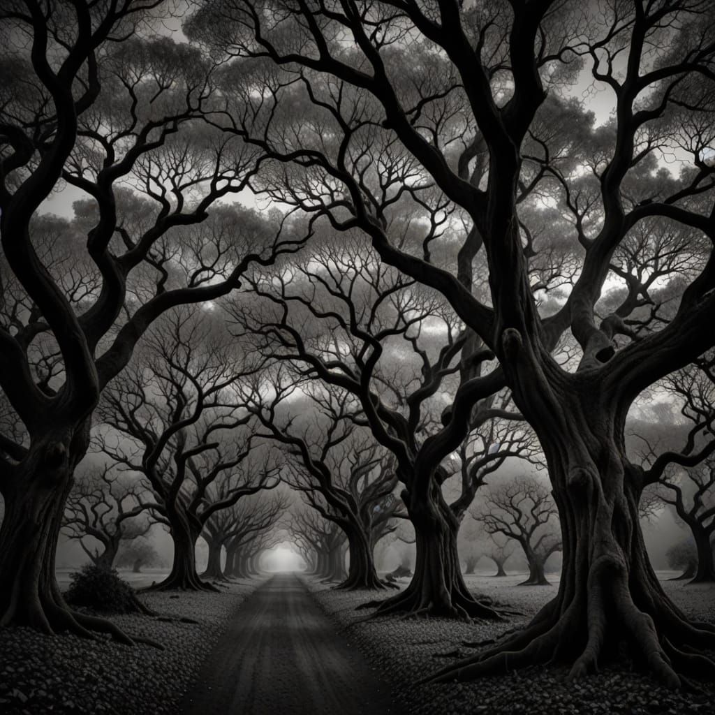 Hyperrealistic Trees in Black and Gray Tones