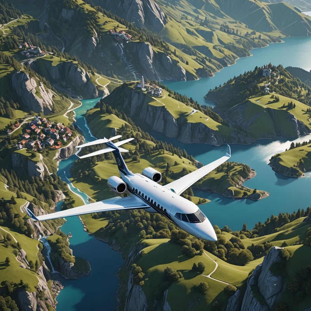 Modern Private Jet Over Blue Lake, Matte Painting