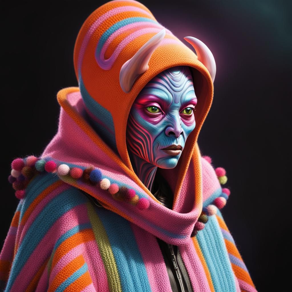Orange Horned Alien Woman in Colorful Poncho