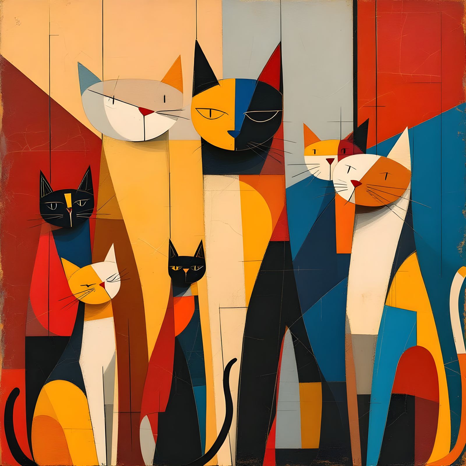 Whimsical Geometric Felines in Muted Hues
