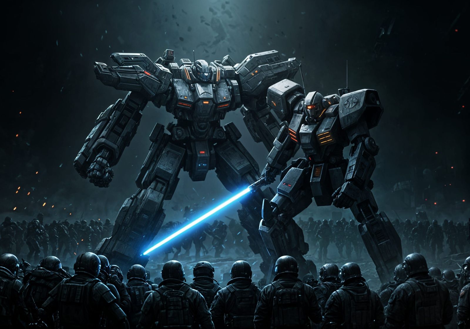 Intense Mecha Battle in Cyberpunk Post-Apocalypse