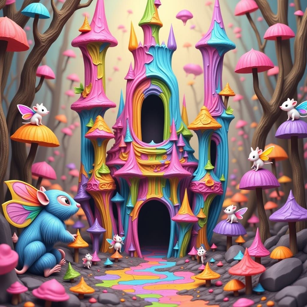 <lora:Crazy 2:1.0>the midget fairy mice<lora:Fairy Wing:1.0> are building a snack food castle <lora:Death River:1.0> By ...