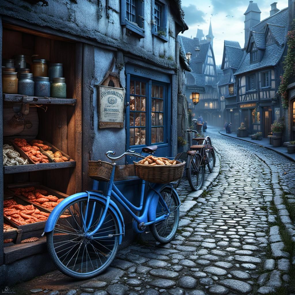 Medieval Brittany Street with Blue Bicycle, Detailed Paintin...