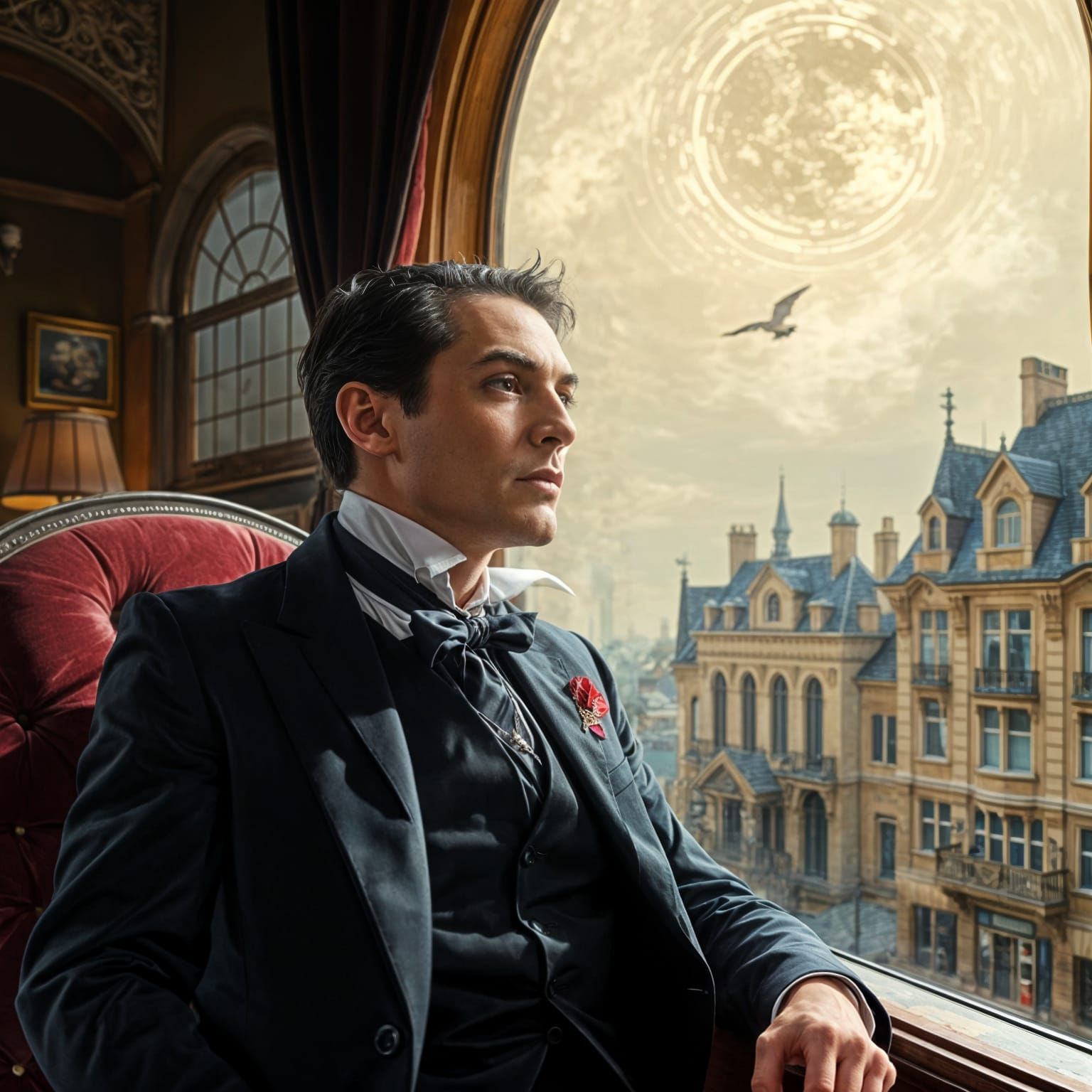 Elegantly Attired Vampire Contemplates the Moonlit Night