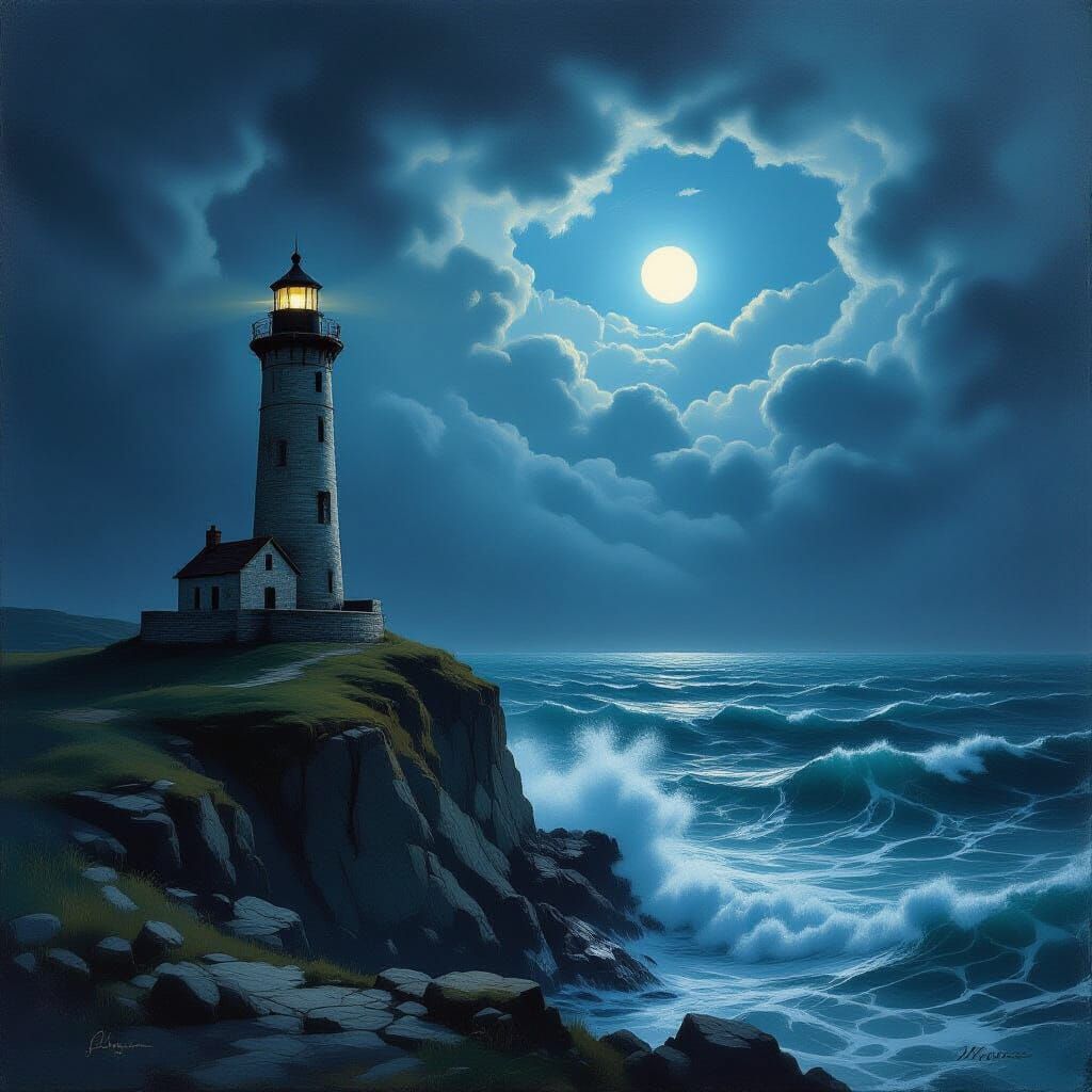 Ancient Lighthouse on Stormy Cliff, Dramatic Moonlight