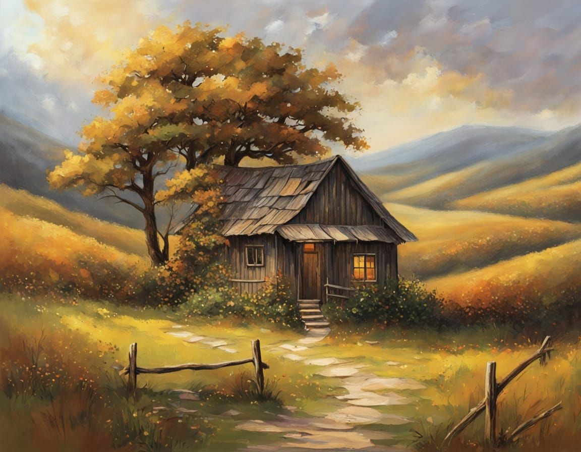 Rustic Hut on a Serene Hillside in Earthy Tones