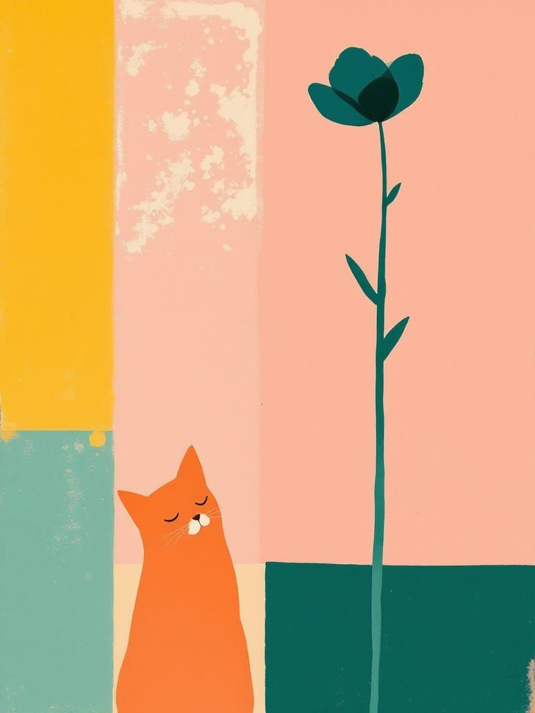 Orange Cat Under Teal Flower in Modernist Style
