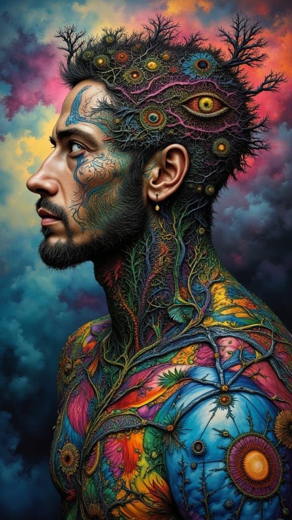 Fractal-Faced Man with Rainbow Lightning, Optical Illusion