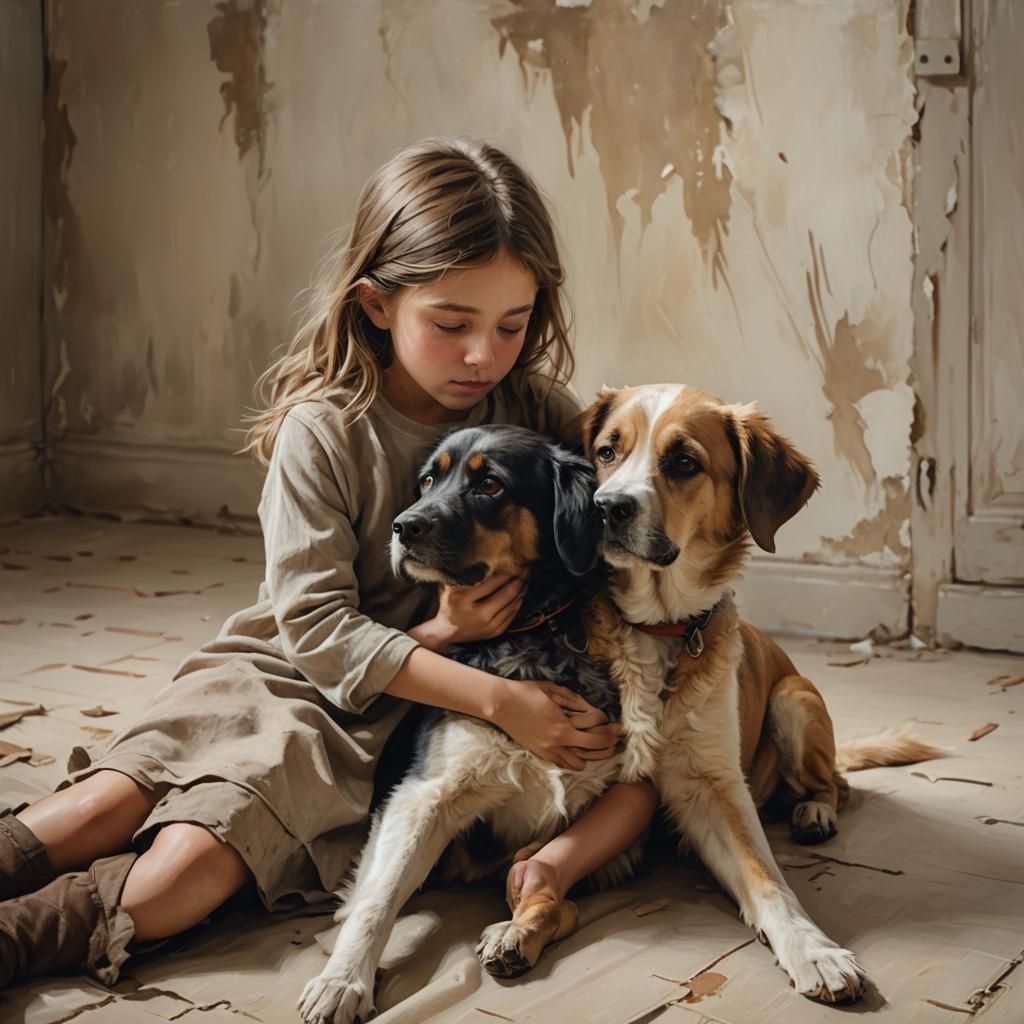 Touching Portrait of Girl and Dog in Realistic Style