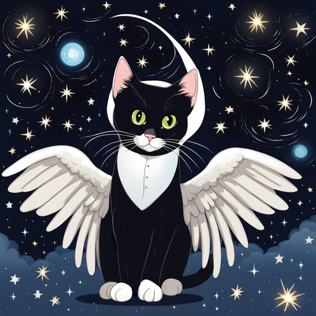 Tuxedo Cat with Angel Wings Among Stars