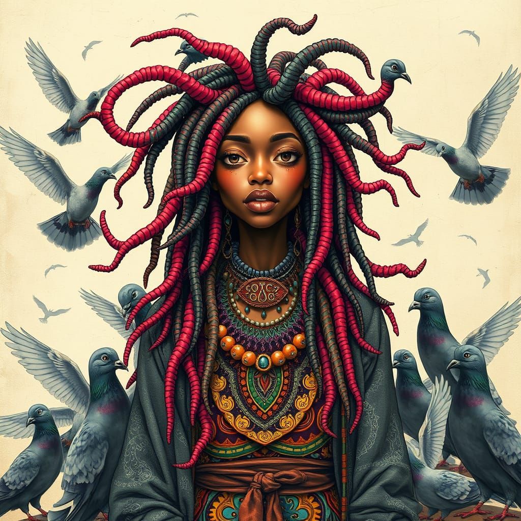 Whimsical Woman with Tentacle Dreads, Bohemian Digital Art