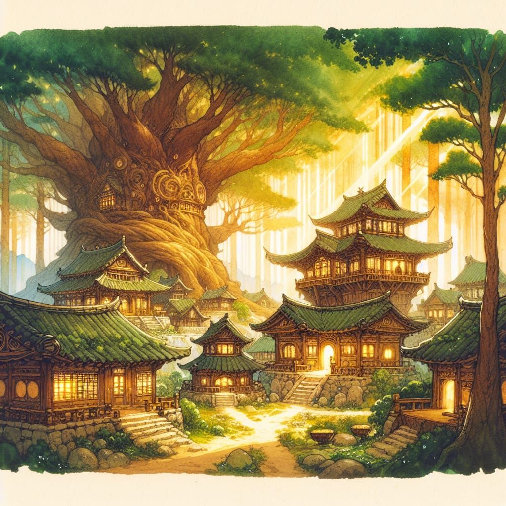 Whimsical Korean Fantasy Village Under Ancient Trees