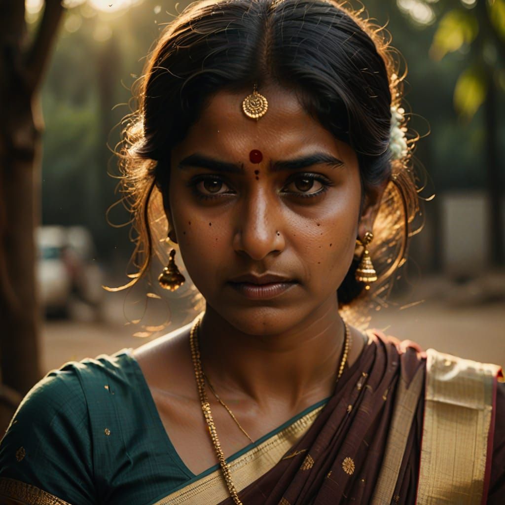 Indian Woman's Determined Gaze in Golden Hour