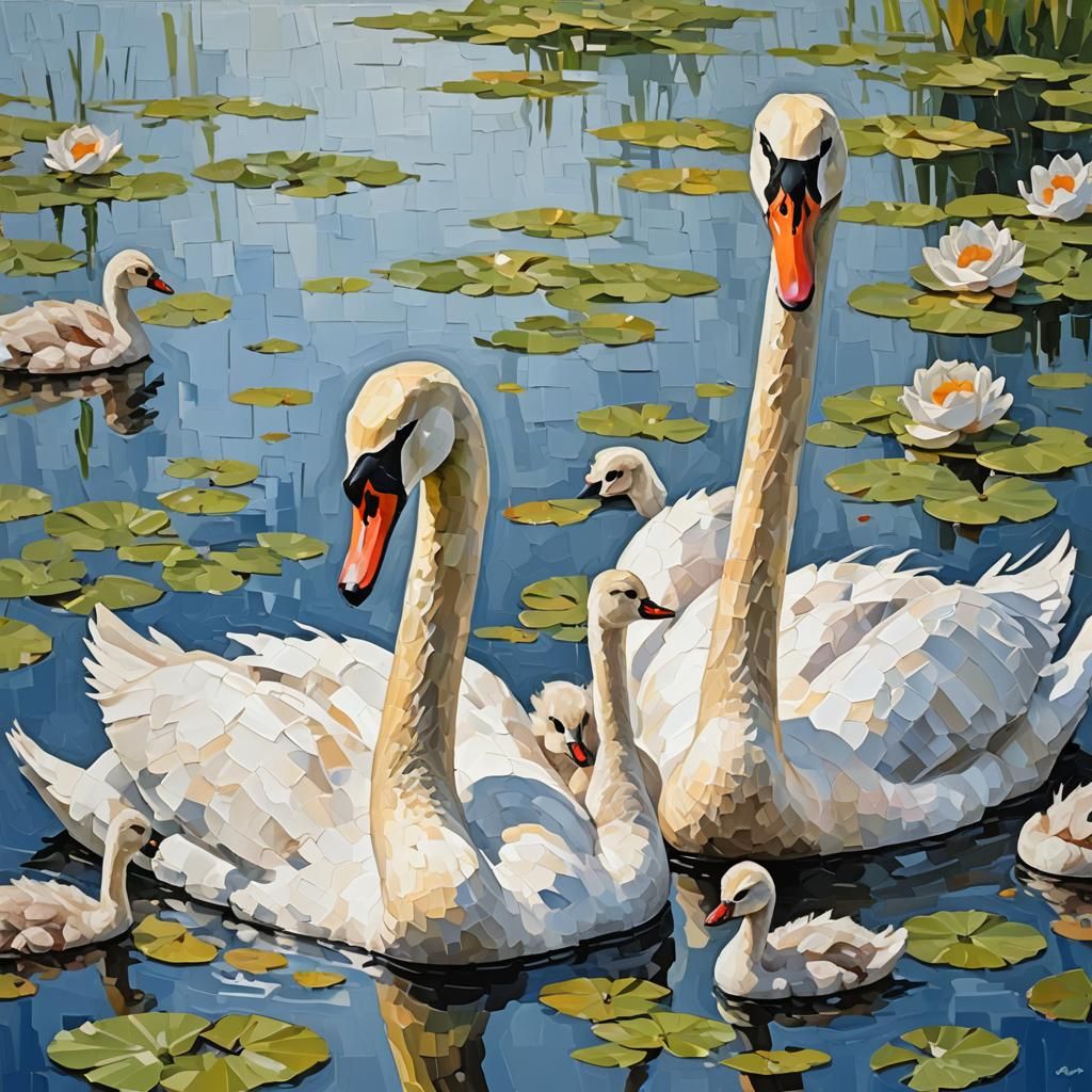 Palette Knife Swan and Cygnets in Impasto Style