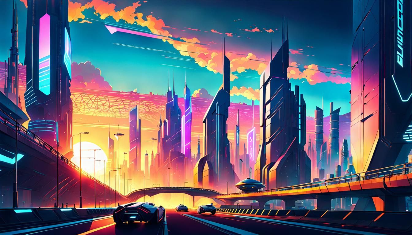 Cyberpunk Metropolis Sunrise in Vector Art Style