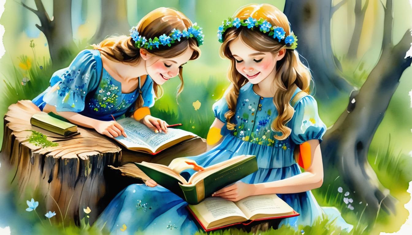 Girl Reading Book in Meadow: Art Nouveau Watercolour
