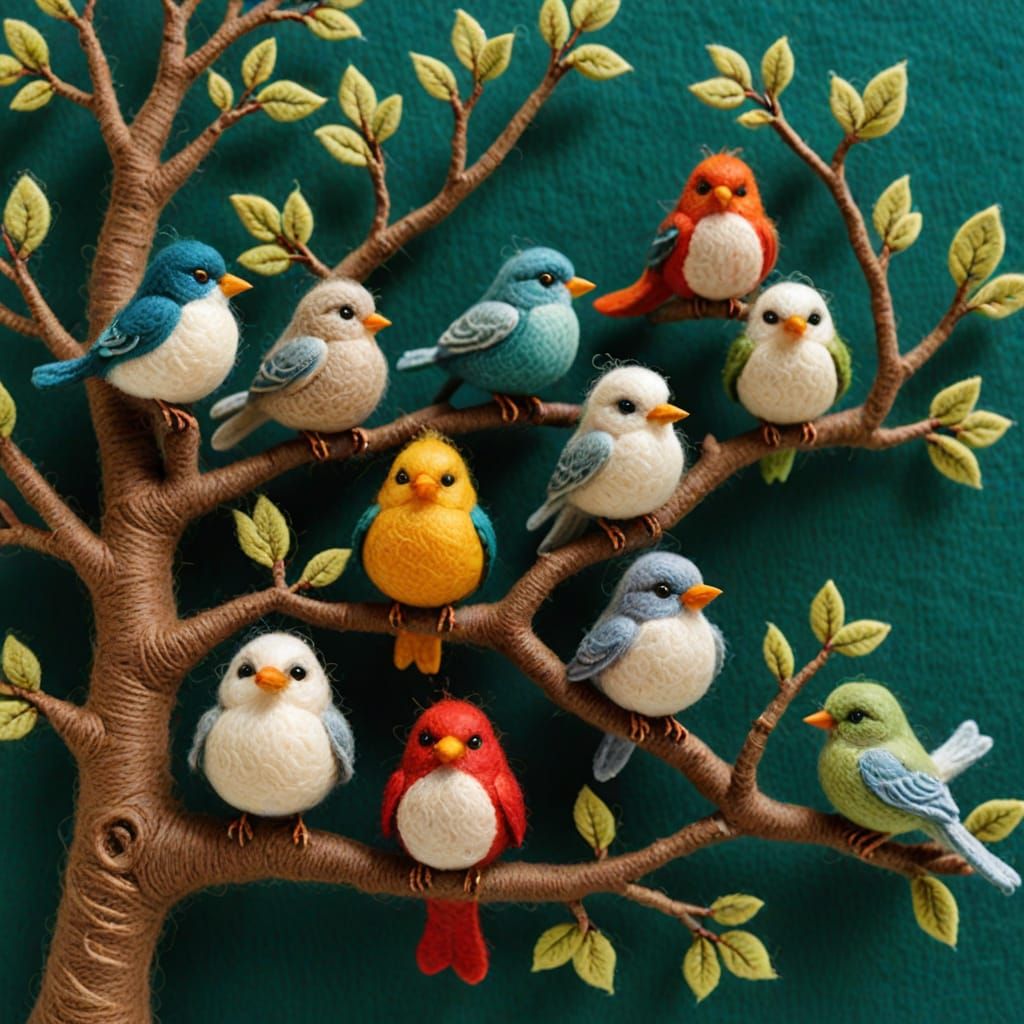 Needle Felted Birds in a Tree Artwork
