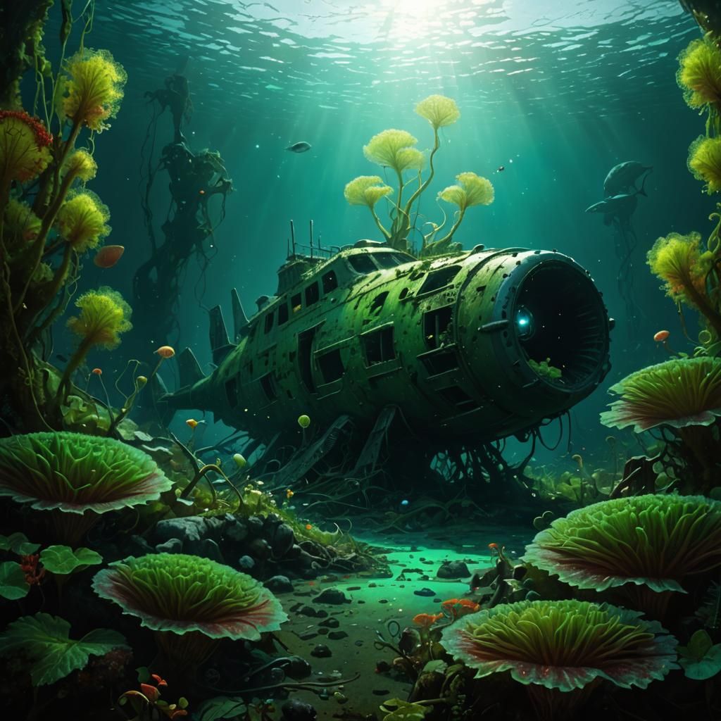 Underwater Starship Wreckage with Glowing Sundews