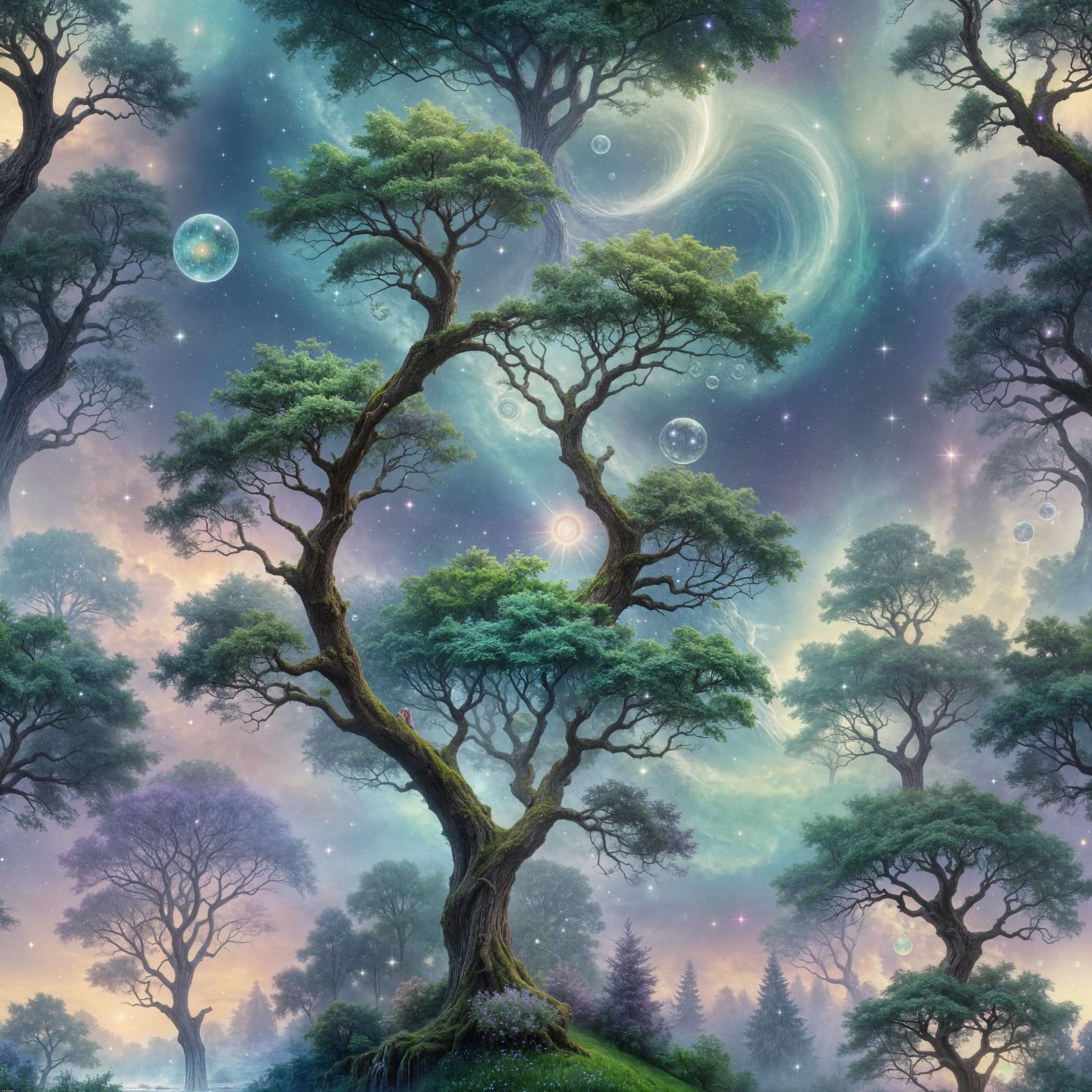 Ethereal Water Trees Under a Galaxy Sky