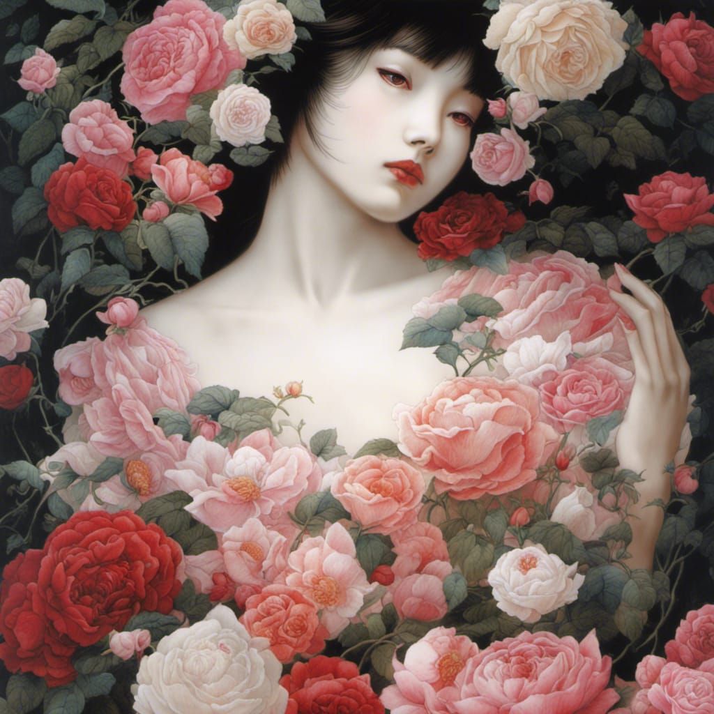 Woman in Roses, Yoshitaka Amano Style
