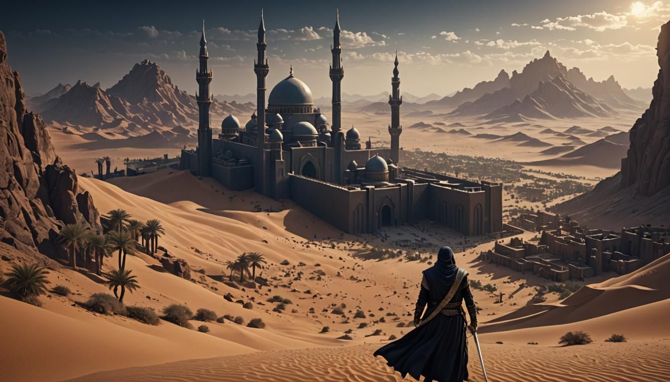 Arab Prince in Dark Desert Fantasy Landscape