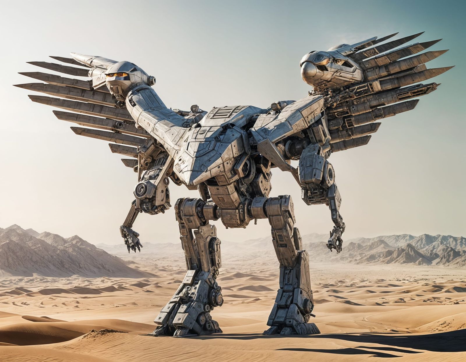 Eagle-Shaped Flying Mechwarrior in Desert Landscape
