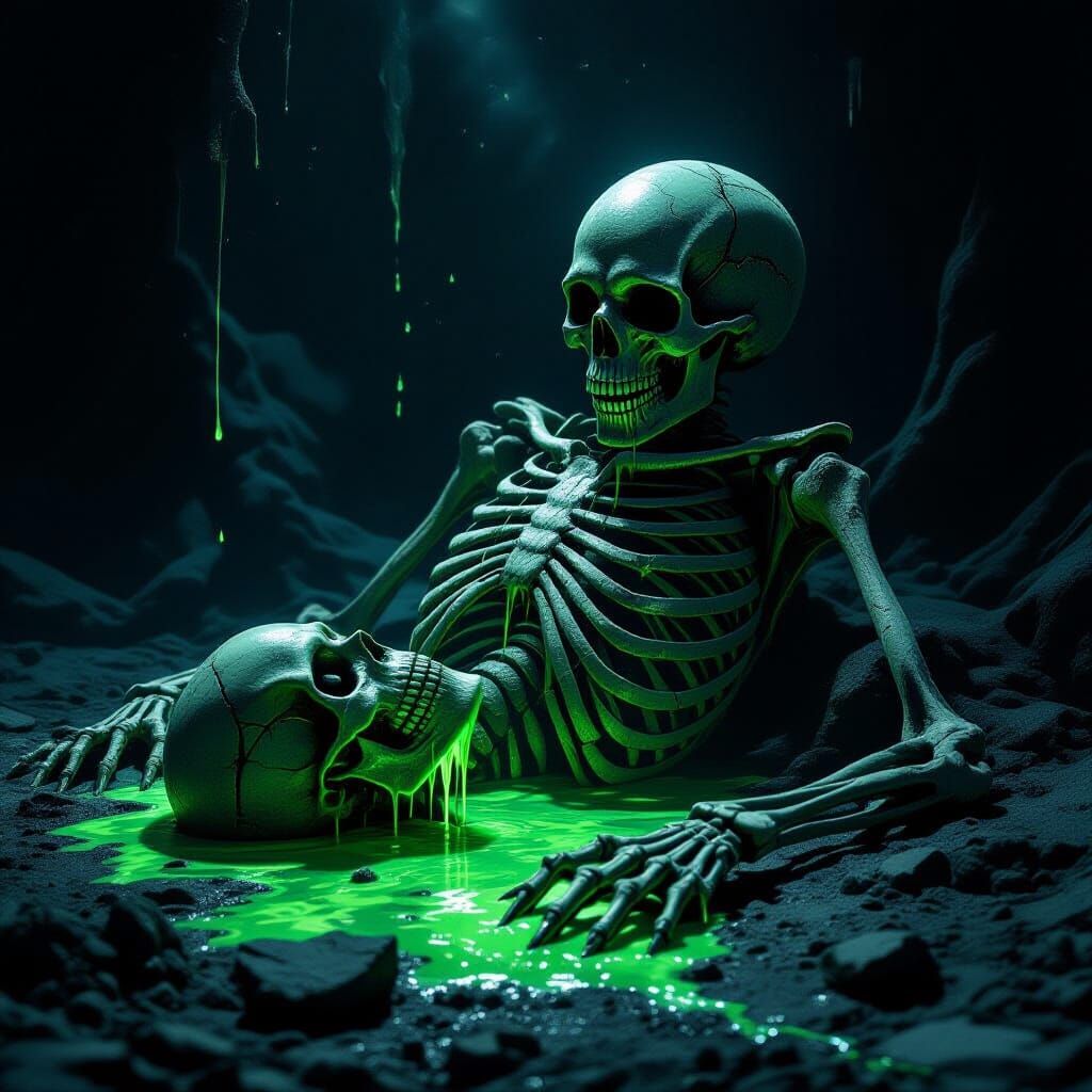 Alien Carcass with Bioluminescent Blood in Cosmic Dread