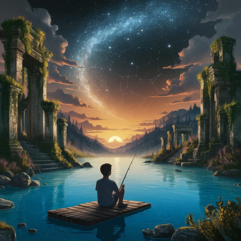 Boy Fishing at Sunset with Ancient Ruins in Surreal Concept ...