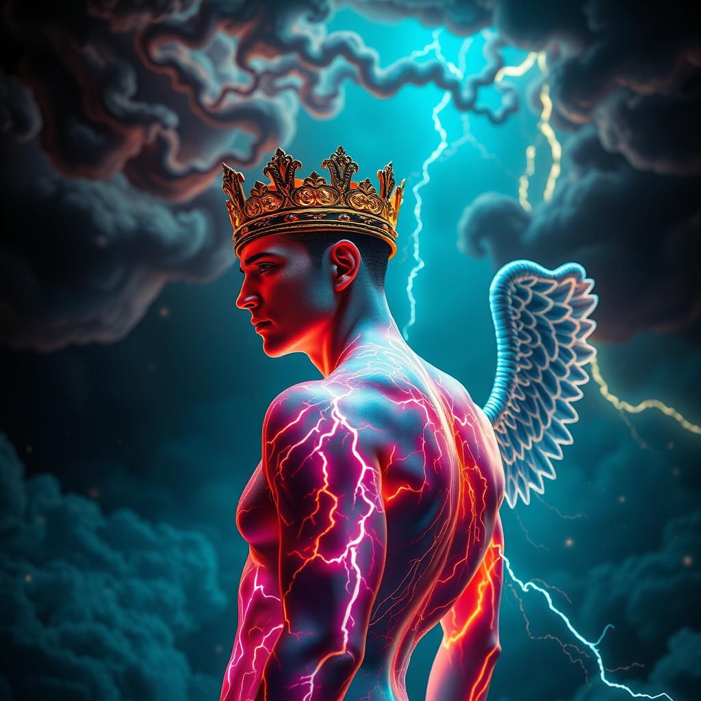 Electrified Wingless God in Surreal Dreamscape