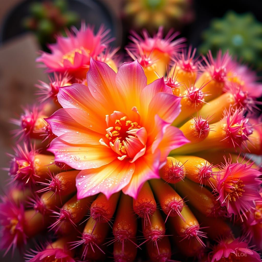 Surreal Cactus Bloom in Vibrant Pink and Yellow Hues with Lu...