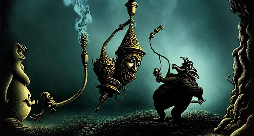 Wonderland Worm Smoking Hookah in Disney Horror Style