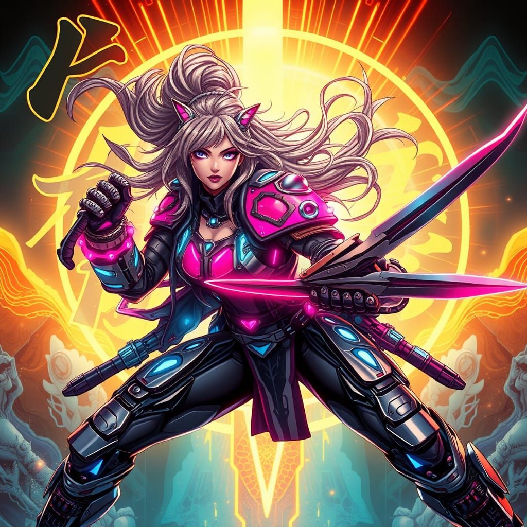 Cyberpunk Warrior Woman with Neon Armor and Blade