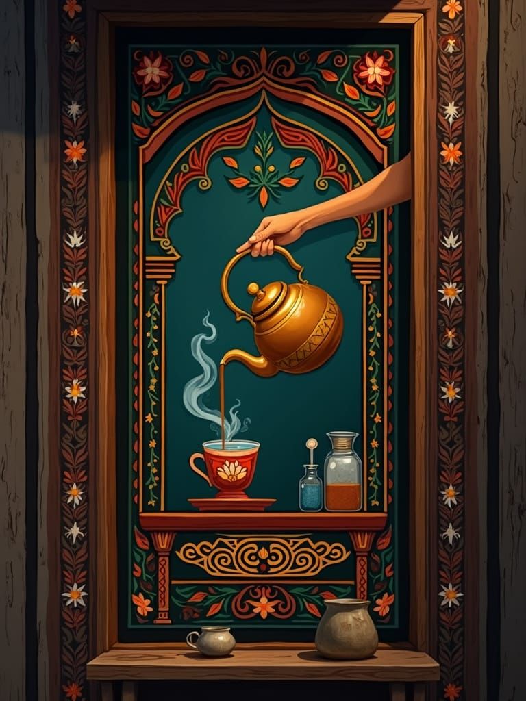 South Asian Tea Stall Artwork in Traditional Folk Style