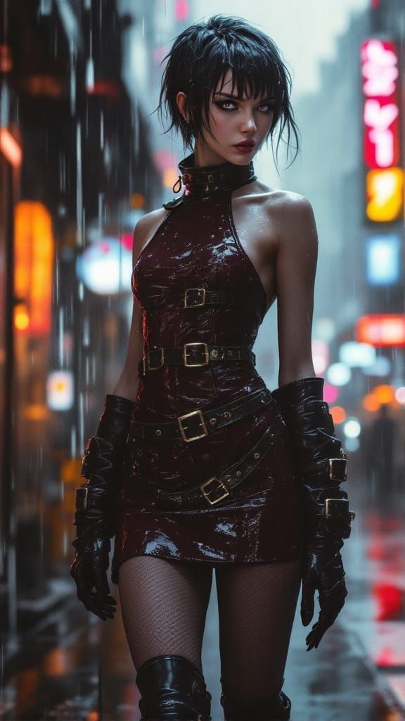 Cyberpunk Goddess Dominates the Rainy City Streets