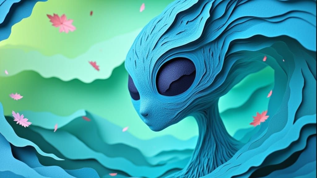 Blue and Green Alien Silhouette in Origami Paper Style