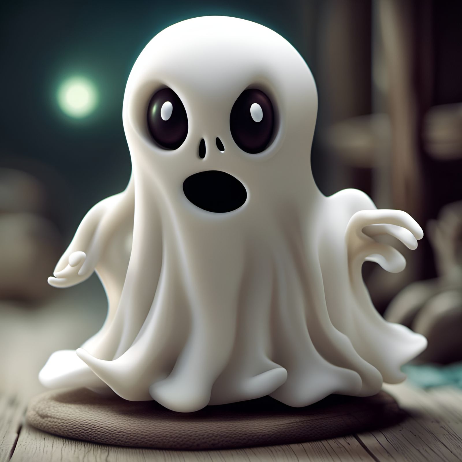 A claymation amazingly cute ghost, an adorable ghost in a haunted house in stop motion style and claymation style, Behan...