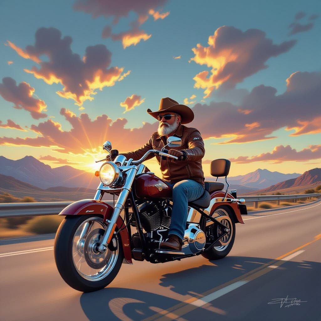 Biker Rides Harley Through Mountain Valley at Sunset