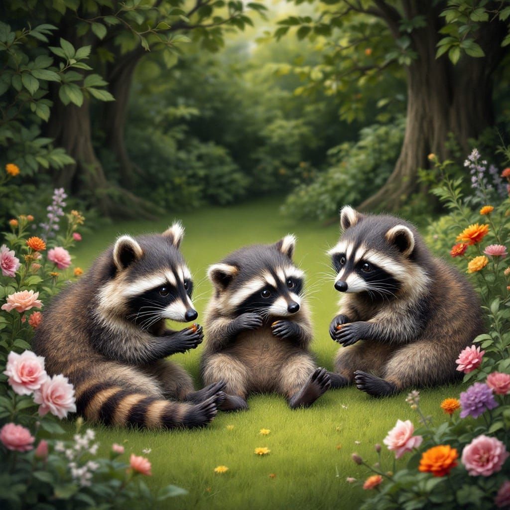 Raccoons Playing in a Lush Garden, 8k Detail