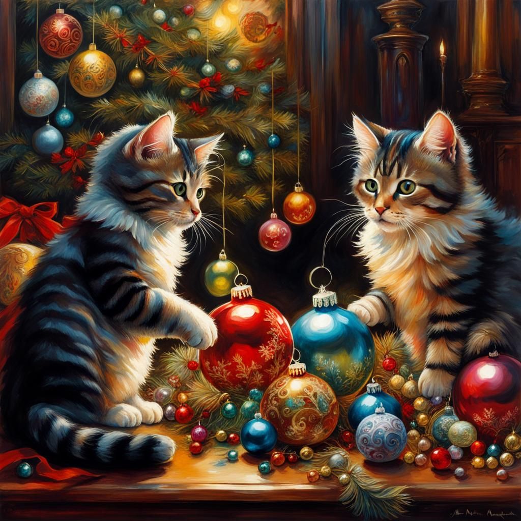 Cute Cats Play with Ornaments in Victorian Setting