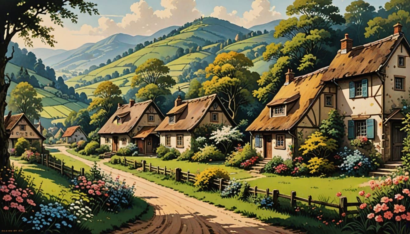 Serene Rural Village in Vintage Serigraphy Style