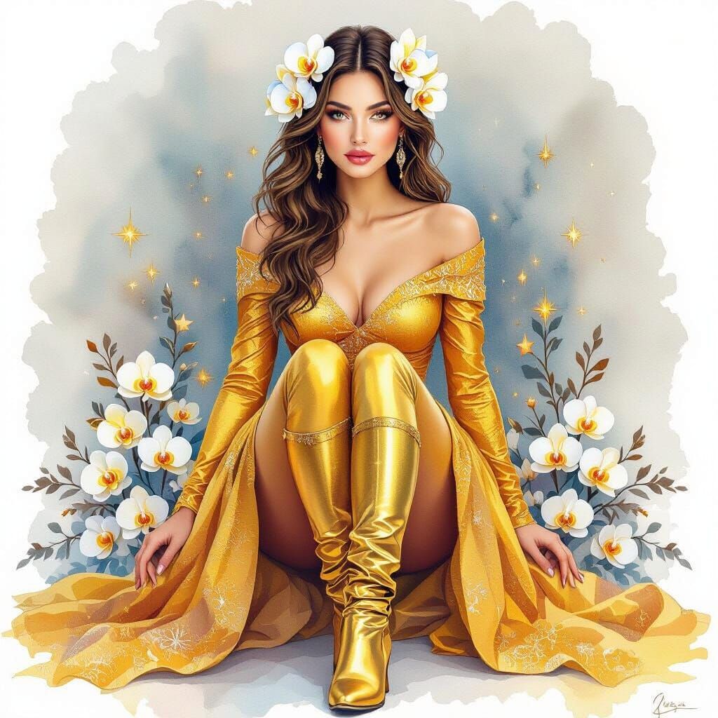 Elegant Woman in Golden Winter Dress, Watercolor Art