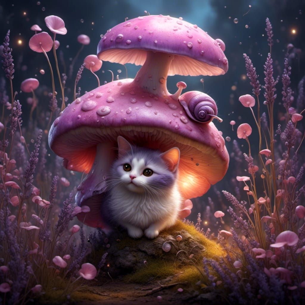 Adorable Mushroom Cat and Snail in Enchanted Land