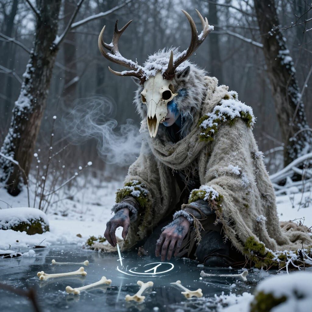 Figure in Antlered Wolf Skull Casting Runes in Snowy Forest