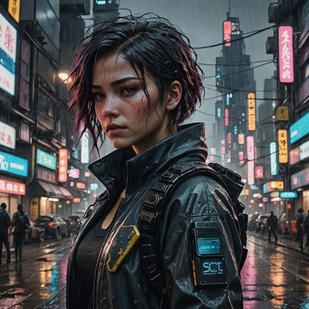Female Sci-Fi Protagonist in Rainy Cyberpunk City