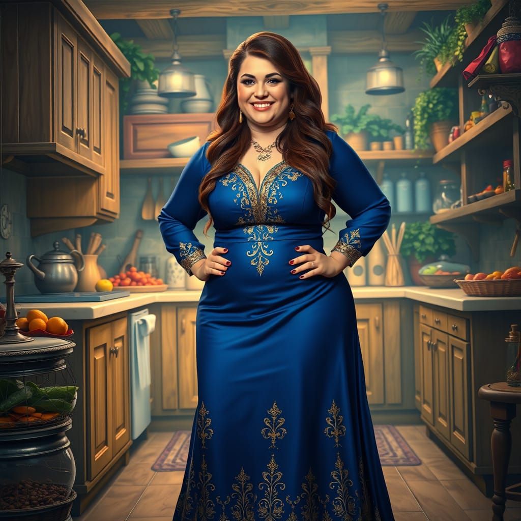 Regal Plus-Sized Woman in Royal Blue as Cyberpunk Fantasy