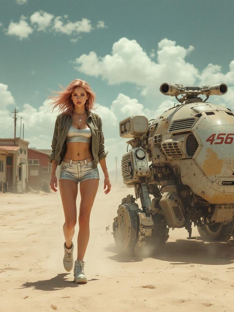 Woman and Mech in Rockwell and Mead Style